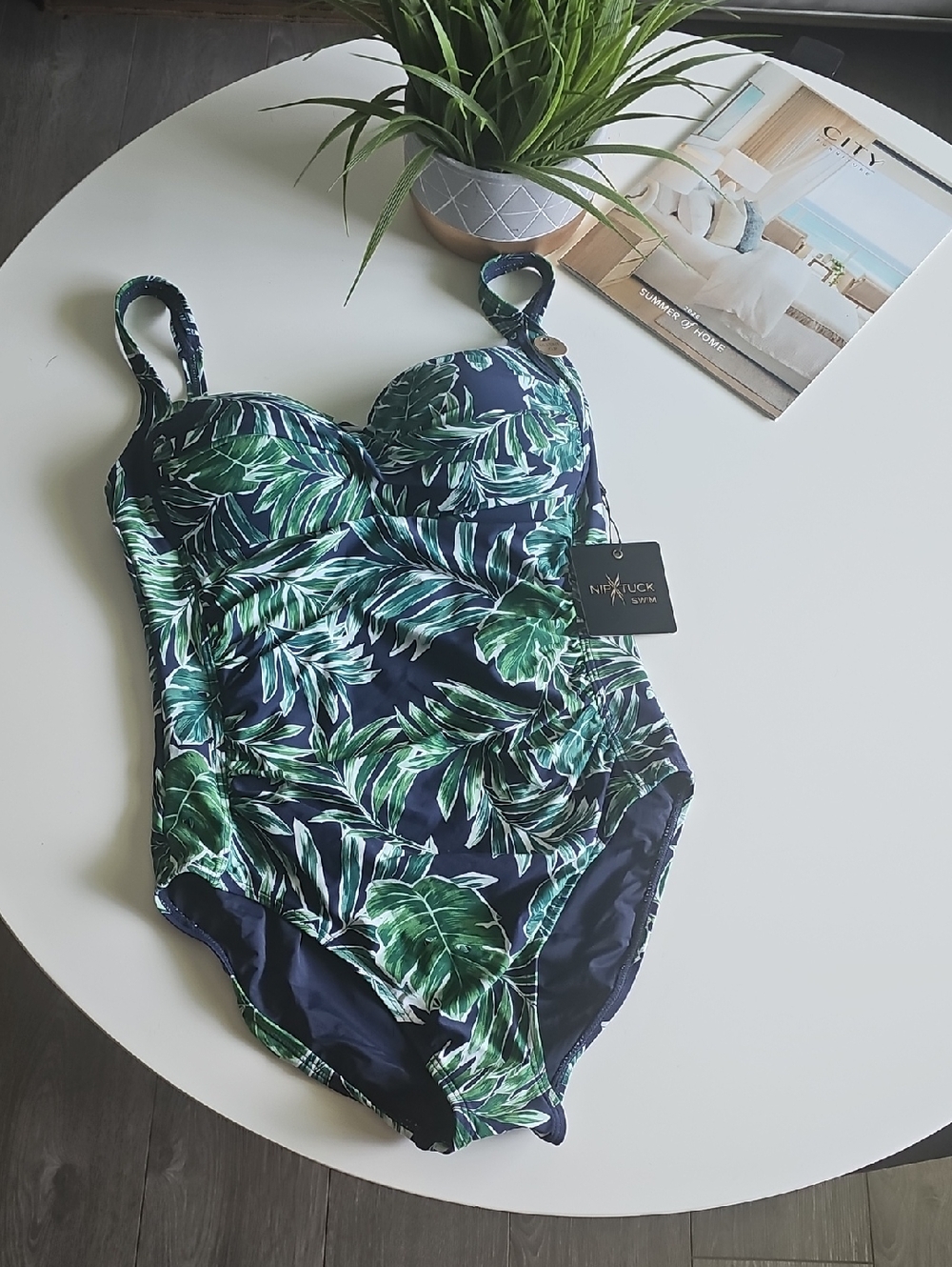 Nip Tuck Navy Green Tropical One-Piece Swimsuit